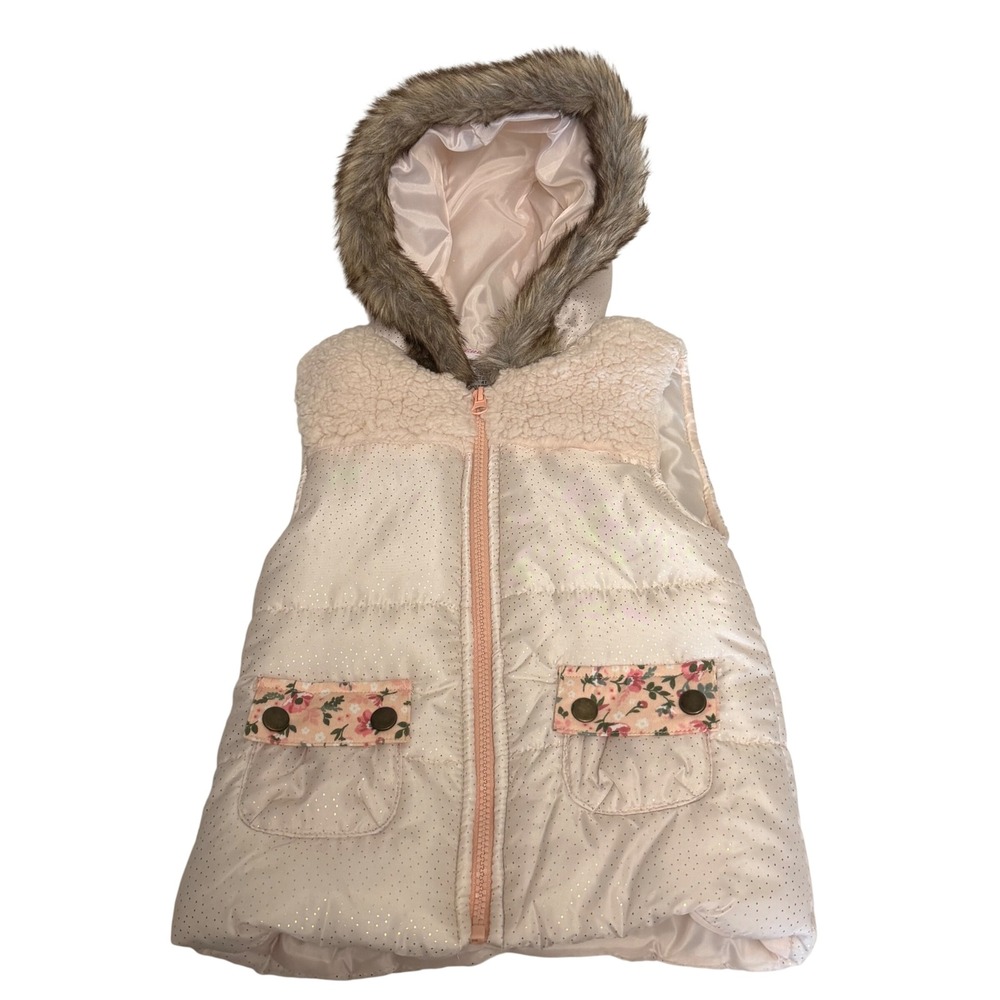 Little Lass Kids 4T Pink Cream Puffer Vest Gold Polka Dot Faux Fur Hood‎ Floral